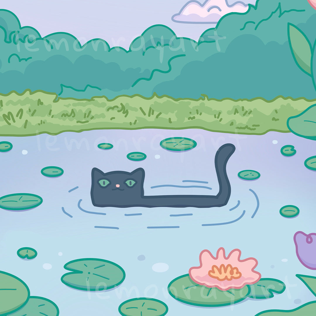 Cat in Koi Pond Art Print | Floral Nature Landscape