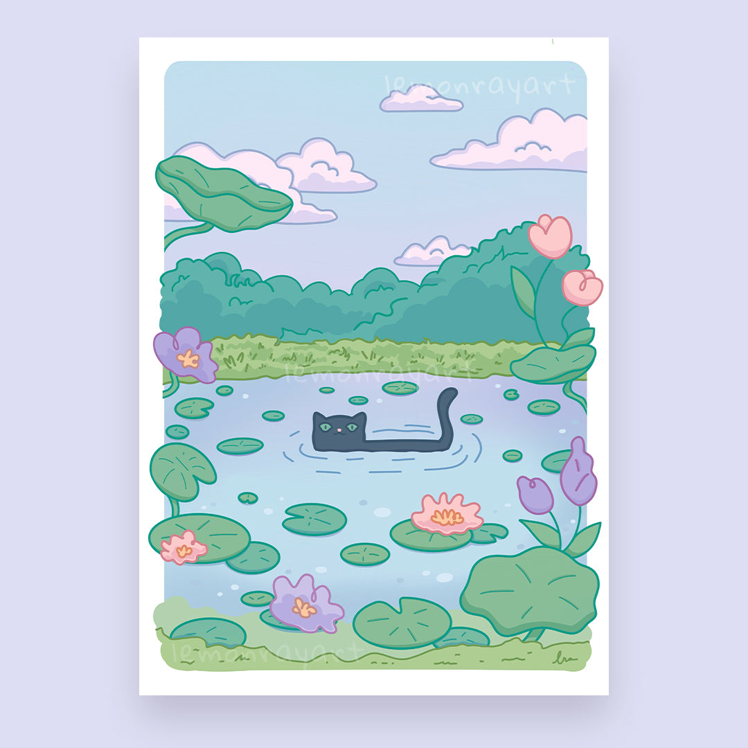 Cat in Koi Pond Art Print | Floral Nature Landscape